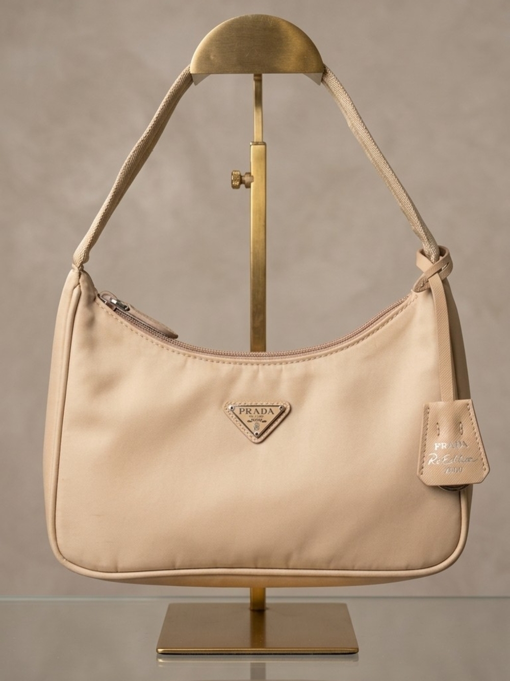 Authentic Readition 2000 Prada Beige Nylon Shoulder Bag with Gold Logo